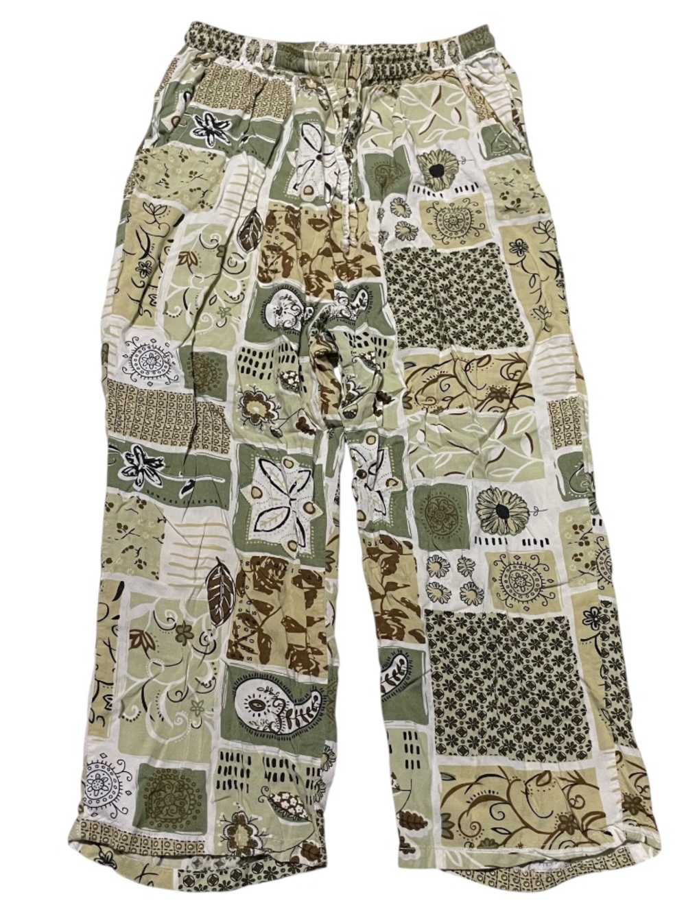 Patchwork Floral Pants PL Rayon Green Sage Olive Lightweight POCKETS Breathable
